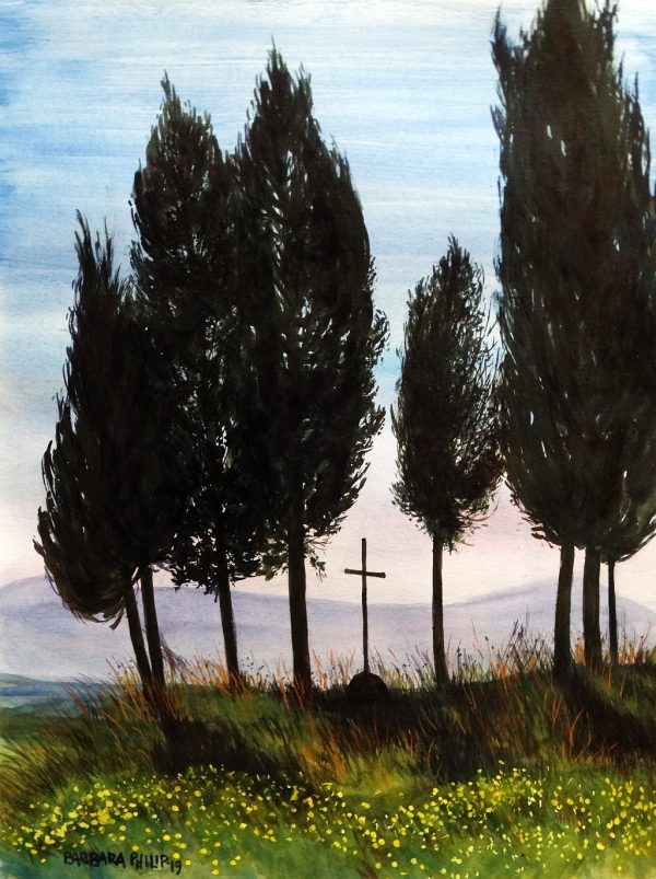 Tuscany cypresses and cross.